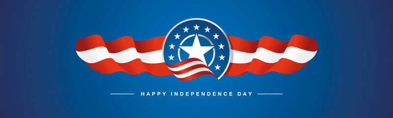 Happy Independence Day USA emblem badge wavy flag ribbon patriotic template red white blue background banner greeting card