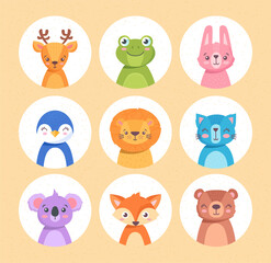 Animals for baby set. Collection of cute characters, stickers for social networks. Penguin, lion, bear, rabbit, deer, fox and frog. Cartoon flat vector illustrations isolated on beige background