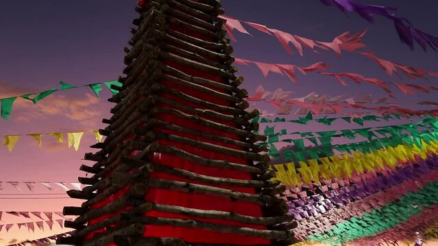 decora&ccedil;&atilde;o junina - fogueira decorativa e bandeiras coloridas da festa junina no brasil
