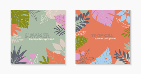 Summer vector illustrations in trendy flat style with copy space for text.Abstract backgrounds with tropical leaves,plants.Tropical banners for social media,posters,prints.Cover design templates.