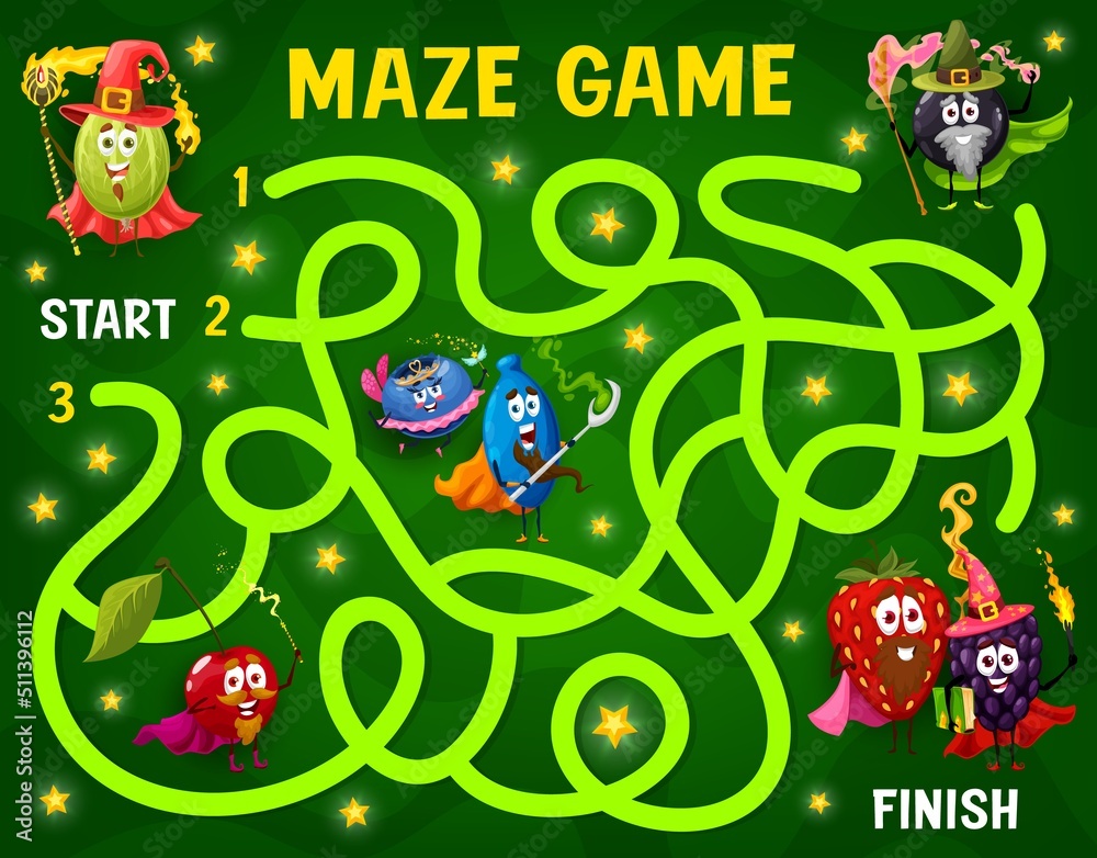 Poster Labyrinth maze, cartoon berry wizard, mage and fairy characters, vector worksheet. Kids escape game or labyrinth maze puzzle to search and find way for strawberry and cherry sorcerer with magic wand