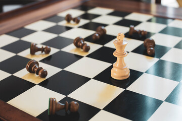 On the chessboard is standing the figure of king surrounded by pawns lying on the board.