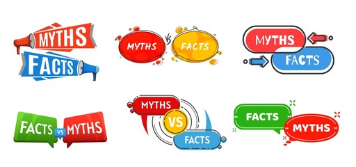 Myths vs facts icons, truth or false, true and fiction vector chat bubbles. Myths VS facts popup banners for reality and fake badges with arrows and megaphones, truth or false check signs