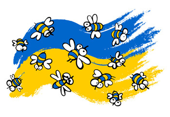 Yellow and blue flag of the country Ukraine with crazy bees for protection