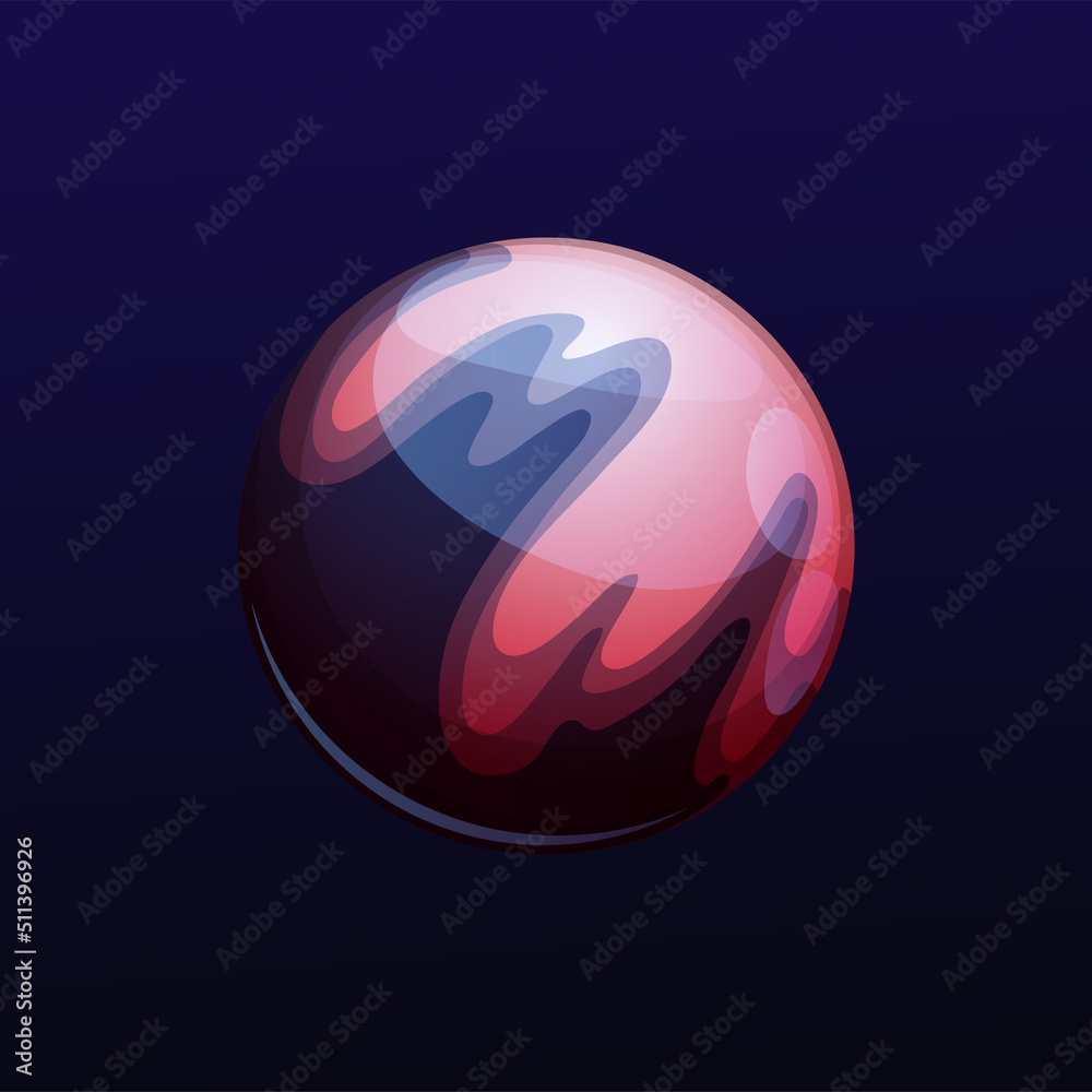 Poster Dark mysterious glossy planet, fantastic vector comet. Fantasy Ui game object, galaxy meteor, space globe with pink and dark stains on surface, isolated sphere in universe, alien world single object
