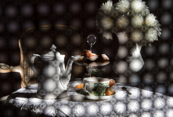 abstract photography over the back of a chair in blur, English style tea break