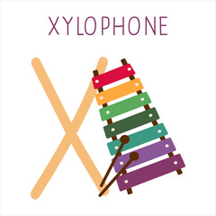 Capital letter X of English childish alphabet with xylophone. Cute kids font for kindergarten and school education.