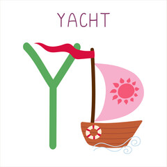 Capital letter Y of English childish alphabet with yacht. Cute kids font for kindergarten and school education.