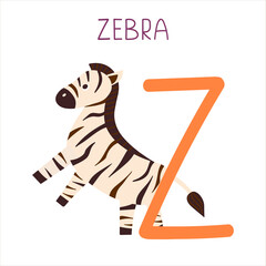 Capital letter Z of English childish alphabet with zebra. Cute kids font for kindergarten and school education.