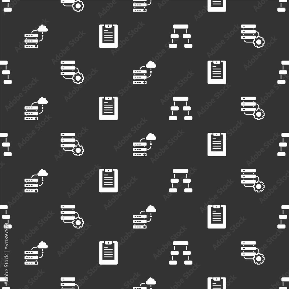 Poster set hierarchy organogram chart, server and gear, network cloud connection and server, data report on