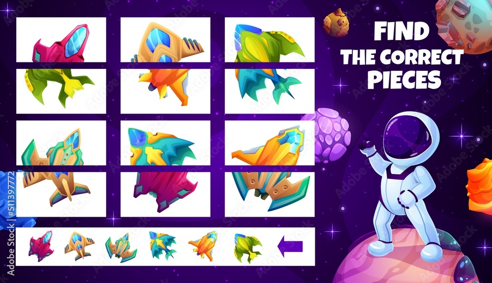 Poster help to astronaut find a pieces of starship, kids game worksheet. cartoon match the halves vector te
