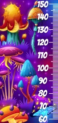 Magic mushrooms in fairy forest kids height chart. Vector growth measure meter with cartoon glowing toadstools. Measurement scale for children with fantasy fairytale world or alien funny fungi plants