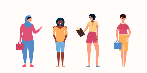 Women different confident multiracial together. Flat vector. The concept of equality and teamwork.