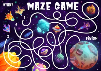 Labyrinth maze game cartoon space galaxy planets, spacecrafts and starship shuttles. Kids vector board game with path, start, finish and rockets, educational children riddle, preschool activity task