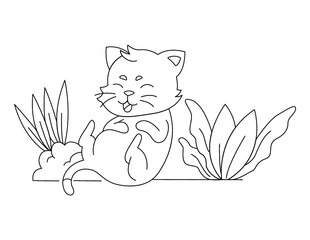 cute cat with leaves and flowers vector illustration design