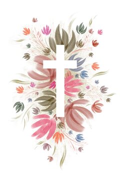 Watercolor Easter cross clipart illustration. Floral crosses isolated on black background	