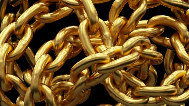 cycled 3d animation, abstract background with tangled golden chains, shiny metallic texture, fashion intro