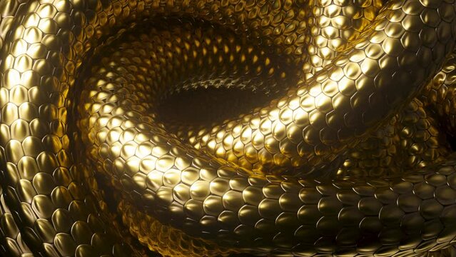 cycled 3d animation, abstract background with tangled golden snakes, shiny metallic dragon scales texture, unique wallpaper
