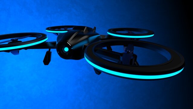 Powerful  black drone loaded with some of most advanced imaging and flight technologies under blue-black background. Concept image of video production, agriculture solution and public safety. 3D CG.