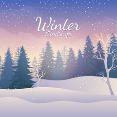 Snowy winter pine forest with sunrise or sunset vector illustration