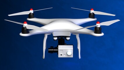 Powerful  white drone loaded with some of most advanced imaging and flight technologies under blue-black background. Concept image of video production, agriculture solution and public safety. 3D CG.