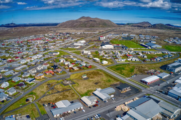 Aerial view of Grindavik, Iceland near the Blue Lagoon - obrazy, fototapety, plakaty