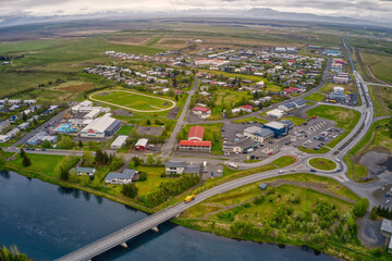 Aerial View of the town of Hella, Iceland during the brief Summer