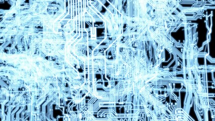 Circuit technology blue　illuminated line under silver background with hi-tech digital data connection system and computer electronic desing. 3D illustration. 3D CG. High quality rendering.