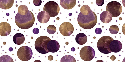 Abstract seamless pattern with  gold, violet and purple  watercolor circles and dots on wite background isolated