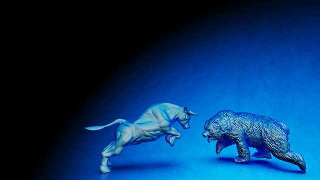 Blue painted bull and bear sculpture staring at each other in dramatic contrasting light representing financial market trends under black-blue background. Concept images of stock market. 3D CG.