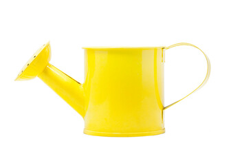 Yellow tin watering pot on a white background.
