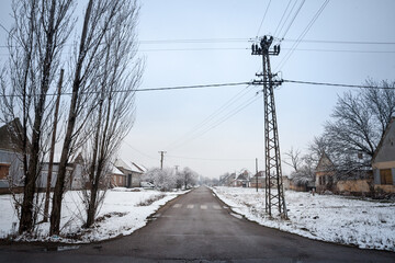 Selective blur on an empty road and street in the village of Bavaniste, in Vojvodina, Banat,...