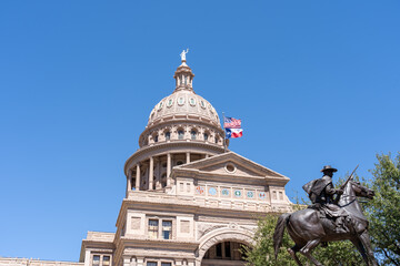 Austin, Texas, USA - March 18, 2022: Top part of the Texas State Capitol building. The Texas State...