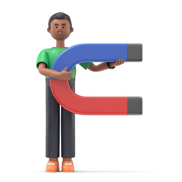 3D illustration of smiling african american man David   standing with a magnet in his hand. 3d image. 3D rendering on white background.
