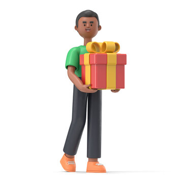 3D illustration of smiling african american man David   with a Gift Box. Red Tag. People series.3D rendering on white background.
