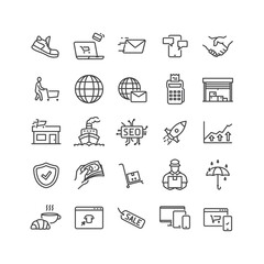 Icon set of Shopping  and Ecommerce. Contains such icon as SEO, Marketing, Coffee Break, Shoe, Protection, Courier, Payment and etc.