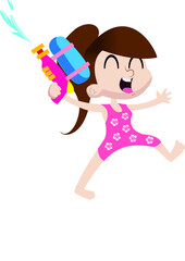Happy Girl Kid with Water Gun in Pink Swim Trunks on White Vector Illustration