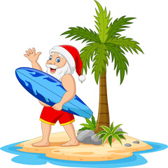 Cartoon santa claus with surfboard in the tropical island
