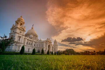Sunset at Victoria Memorial, Kolkata , Calcutta, West Bengal, India . A Historical Monument of Indian Architecture. Built to commemorate Queen Victoria's 25 years reign in India.