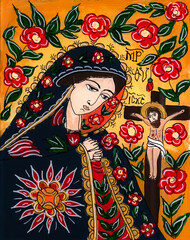 Fototapeta na wymiar Naive Orthodox Icon of Virgin Mary and Jesus Crucified Download preview Icon painted on reverse glass in the naive orthodox style of Eastern Europe depicting Virgin Mary and Jesus on the cross. 