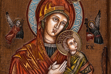 Icon painted in the byzantine or orthodox style depicting Virgin Mary and Jesus. - obrazy, fototapety, plakaty