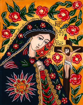  Naive Orthodox Icon of Virgin Mary and Jesus Crucified
Download preview
Icon painted on reverse glass in the naive orthodox style of Eastern Europe depicting Virgin Mary and Jesus on the cross.
