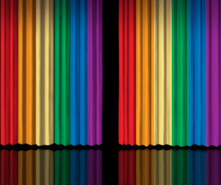 Pride celebration month and gay rights or LGBT and LGBTQ community tolerance symbol as open stage curtains with flag colors