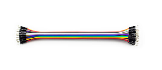Parallel connections. Colorful Computer flat cable or multi-cable with micro pin connectors, isolated on white.  
