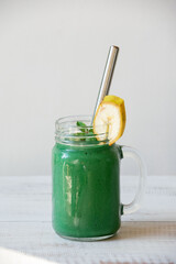 smoothie mug with spirulina and banana