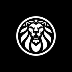Lion head in a circle emblem logo design. Lion head vector illustration on dark background