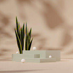 3D render template green podium in square with white sphere, snake plant, and tan background