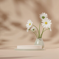 3D render template white podium in square with green vase, white daisy, and tan background