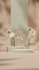 3D render template white podium in square with blurred glass, white daisy, and tan background