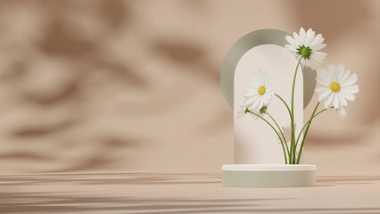 3D render template white podium in landscape with backdrop, white daisy, and brown background